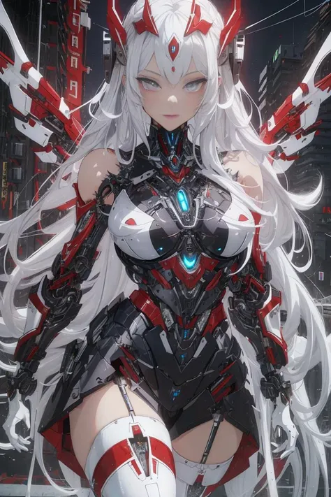 masterpiece, best quality, glowing eyeslong hair with long locks,white_hair,red_eyes,white_thighhighs,small_breasts,{{Mechanical wing}},{{Metal wings}},{{Mecha wing}},{mecha clothes},robot girl,beautiful detailed face,Mechanical-arm,((beauty detailed eye)),{mecha,huge_filesize},beautiful detailed face, ((beauty detailed eye)), dramatic angle{{beautiful face}},{best quality}, {{masterpiece}}, extremely detailed 8K wallpaper,cyberpunk city,masterpiece,highres,detailed manga illustration,(bare shoulders), (skinny),mecha musume,(Above the thigh:1.3), ((solo)), beautyful eyes, shiny eyes,
 <lora:A-Mecha-REN[color_theme,mecha musume, mechanical parts, robot joints,headgear,full armor]:1>