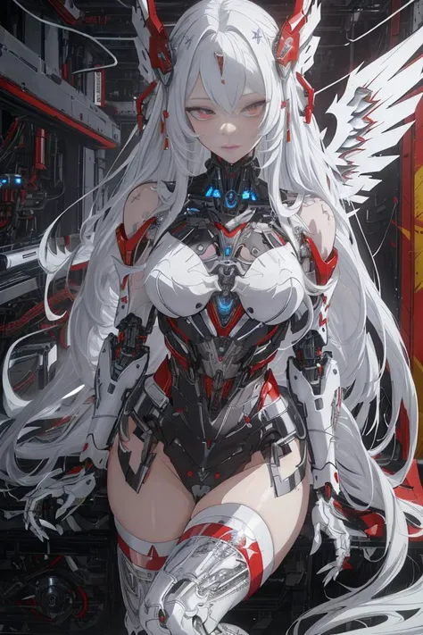 masterpiece, best quality, glowing eyeslong hair with long locks,white_hair,red_eyes,white_thighhighs,small_breasts,{{Mechanical wing}},{{Metal wings}},{{Mecha wing}},{mecha clothes},robot girl,beautiful detailed face,Mechanical-arm,((beauty detailed eye)),{mecha,huge_filesize},beautiful detailed face, ((beauty detailed eye)), dramatic angle{{beautiful face}},{best quality}, {{masterpiece}}, extremely detailed 8K wallpaper,cyberpunk city,masterpiece,highres,detailed manga illustration,(bare shoulders), (skinny),mecha musume,(Above the thigh:1.3), ((solo))
 <lora:A-Mecha-REN[color_theme,mecha musume, mechanical parts, robot joints,headgear,full armor]:1>