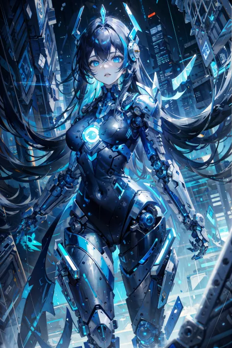 masterpiece,best quality,ultra-detailed,very detailed illustrations,extremely detailed,intricate details,highres,super complex details,extremely detailed 8k cg wallpaper, caustics,reflection,ray tracing, 1girl:1.4), solo, alone, (blue_theme:1.3), (grey_theme:1.3), (mecha musume, mechanical parts ,robot joints, mechanical arm, mechanical legs, headgear, intricate mechanical bodysuit, mechanical energy wings), (robes), very long hair, black hair, blue eyes, glowing eye, eye trail, random expressions, random action, tokyo, city, alley, dark alley, night time, raining, neon lights, detailed background, ((masterpiece)), absurdres, HDR,  <lora:A-Mecha-REN:0.8>, (Classic headshot pose), extremely detailed 8K wallpaper,cyberpunk city,masterpiece,highres,detailed manga illustration,