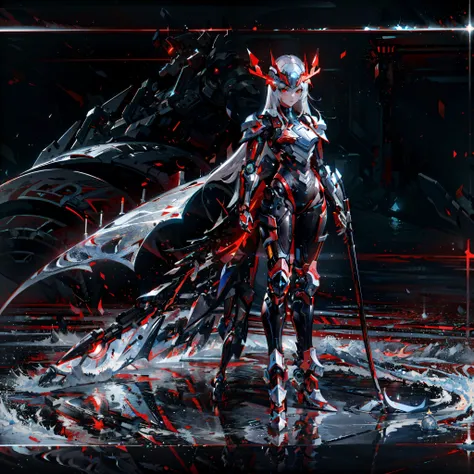 masterpiece,best quality,ultra-detailed,very detailed illustrations,extremely detailed,intricate details,highres,super complex details,extremely detailed 8k cg wallpaper,cowboy shot, caustics,reflection,ray tracing, (red_theme, black_theme:1.3), 1girl:1.4), solo, alone, (mecha musume, mechanical parts ,robot joints, mechanical arm, mechanical legs, headgear, intricate mechanical bodysuit, full armor, red mechanical wings), very long hair, silver hair, white hair, red eyes, glowing eye, eye trail, random expressions, random action, ancient japanese architecture, pond, starry sky,skyline, moon lit, detailed background, ((masterpiece)), absurdres, HDR, <lora:A-Mecha-REN:1.0>,