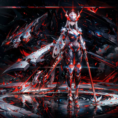 masterpiece,best quality,ultra-detailed,very detailed illustrations,extremely detailed,intricate details,highres,super complex details,extremely detailed 8k cg wallpaper,cowboy shot, caustics,reflection,ray tracing, (red_theme, black_theme:1.3), 1girl:1.4), solo, alone, (mecha musume, mechanical parts ,robot joints, mechanical arm, mechanical legs, headgear, intricate mechanical bodysuit, full armor, red mechanical wings), very long hair, silver hair, white hair, red eyes, glowing eye, eye trail, random expressions, random action, ancient japanese architecture, pond, starry sky,skyline, moon lit, detailed background, ((masterpiece)), absurdres, HDR, <lora:A-Mecha-REN:1.0>,