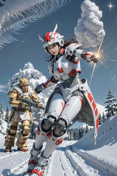 1 girl,<lora:A-RandomSuper[mecha musume,mechanical parts,super robot joints,headgear,full armor]:0.7>mecha musume, mechanical parts, super robot joints, full armor,headgear, Furano: Winter in Furano is a world of snow. The endless white snow covers the fields, with sparse farmhouses and trees dotting the snowy landscape, akin to a fine Japanese ink painting.,Serene meadow bathed in golden sunlight, The assault of the ski speeders: A group of speeders streakingacross the white snow with red minerals, in the distant sky, a fierce space war is about to break out, and these warriors are about to rush into the center of the fire.