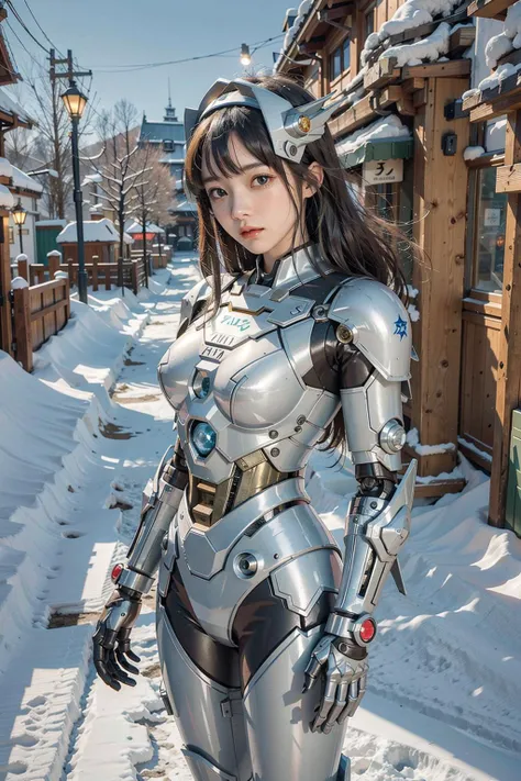 1 girl,<lora:A-RandomSuper[mecha musume,mechanical parts,super robot joints,headgear,full armor]:0.7>mecha musume, mechanical parts, super robot joints, full armor,headgear, Otaru: Winter in Otaru is filled with a thick air of romance. The old buildings become more serene and rustic in the snow, and the lights along the canal reflect on the snowy ground at night, forming a beautiful ink painting.,Enchanting pathway through a whimsical garden, __startwar__