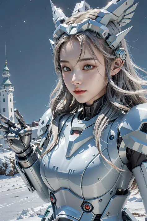 1 girl,<lora:A-RandomSuper[mecha musume,mechanical parts,super robot joints,headgear,full armor]:0.7>mecha musume, mechanical parts, super robot joints, full armor,headgear, Sapporo: The city of Sapporo in winter is like a beautifully crafted crystal painting. The entire city is covered in snow, presenting a breathtaking view of silver purity. The enormous snow sculptures of the Sapporo Snow Festival shimmer under the night lights, resembling ethereal spirits of the icy world. The historic architecture of the Sapporo Beer Museum stands tall in the snow, emanating an aura of rich history.,Picturesque coastal cliff overlooking the ocean, __startwar__