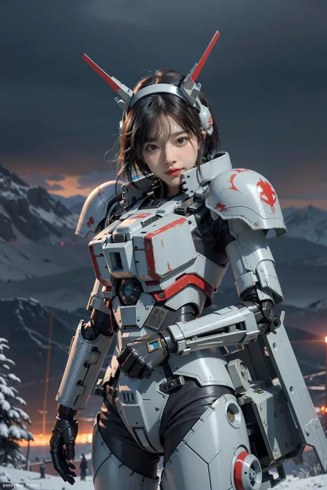 1 girl,<lora:A-RandomSuper[mecha musume,mechanical parts,super robot joints,headgear,full armor]:0.7>mecha musume, mechanical parts, super robot joints, full armor,headgear, Hakodate: The winter night view of Hakodate is unforgettable. Overlooking from Mount Hakodate, the city lights flicker in the snow, like flames burning in the winter night sky.,Misty morning on a peaceful countryside farm, Resistance Base in the Crait system: In this base, members of the Resistance are preparing to evacuate in a tense atmosphere. Chaos and anxiety fill the air as fighters and equipment are quickly loaded onto transport ships, and faces are filled with determination and resolve.