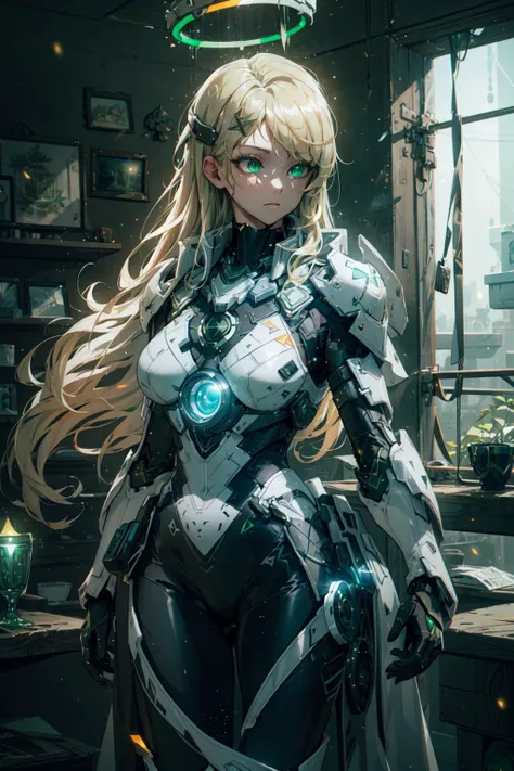 (Thick Body:1.4), (Long Blond Hair:1.4), Green Eyes, HDR (High Dynamic Range), Ray Tracing, NVIDIA RTX, Super-Resolution, Unreal 5, Subsurface Scattering, PBR Texturing, Post-Processing, Anisotropic Filtering, Depth-Of-Field ,Maximum Clarity And Sharpness, Multi-Layered Textures, Albedo And Specular Maps, Surface Shading, Accurate Simulation Of Light-Material Interaction, Octane Render, Two-Tone Lighting, Low ISO, White Balance, Rule Of Thirds, Wide Aperture, 8K RAW, Efficient Sub-Pixel, Sub-Pixel Convolution, (Luminescent Particles:1.4), {{Masterpiece, Best Quality, Extremely Detailed CG, Unity 8k Wallpaper, 3D, Cinematic Lighting, Lens Flare}},  <lora:add_detail:0.2>, <lora:Niji:0.5>,  <lora:A-Mecha-REN[color_theme,mecha musume, mechanical parts, robot joints,headgear,full armor]:1>