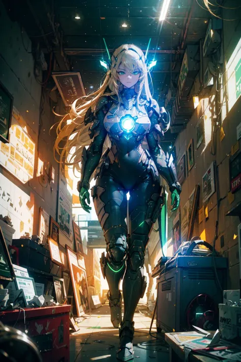 smoke, explosion, post apocalyptic, destroyed city background, buildings on fire, space ship in sky, science fiction, (Thick Body:1.4), (Long Blond Hair:1.4), Green Eyes, HDR (High Dynamic Range), Ray Tracing, NVIDIA RTX, Super-Resolution, Unreal 5, Subsurface Scattering, PBR Texturing, Post-Processing, Anisotropic Filtering, Depth-Of-Field ,Maximum Clarity And Sharpness, Multi-Layered Textures, Albedo And Specular Maps, Surface Shading, Accurate Simulation Of Light-Material Interaction, Octane Render, Two-Tone Lighting, Low ISO, White Balance, Rule Of Thirds, Wide Aperture, 8K RAW, Efficient Sub-Pixel, Sub-Pixel Convolution, (Luminescent Particles:1.4), {{Masterpiece, Best Quality, Extremely Detailed CG, Unity 8k Wallpaper, 3D, Cinematic Lighting, Lens Flare}},  <lora:add_detail:0.2>, <lora:Niji:0.5>,  <lora:A-Mecha-REN[color_theme,mecha musume, mechanical parts, robot joints,headgear,full armor]:1>