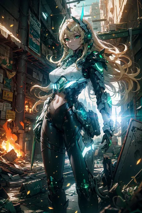 smoke, explosion, post apocalyptic, destroyed city background, buildings on fire, space ship in sky, science fiction, (Thick Body:1.4), (Long Blond Hair:1.4), Green Eyes, HDR (High Dynamic Range), Ray Tracing, NVIDIA RTX, Super-Resolution, Unreal 5, Subsurface Scattering, PBR Texturing, Post-Processing, Anisotropic Filtering, Depth-Of-Field ,Maximum Clarity And Sharpness, Multi-Layered Textures, Albedo And Specular Maps, Surface Shading, Accurate Simulation Of Light-Material Interaction, Octane Render, Two-Tone Lighting, Low ISO, White Balance, Rule Of Thirds, Wide Aperture, 8K RAW, Efficient Sub-Pixel, Sub-Pixel Convolution, (Luminescent Particles:1.4), {{Masterpiece, Best Quality, Extremely Detailed CG, Unity 8k Wallpaper, 3D, Cinematic Lighting, Lens Flare}},  <lora:add_detail:0.2>, <lora:Niji:0.5>,  <lora:A-Mecha-REN[color_theme,mecha musume, mechanical parts, robot joints,headgear,full armor]:1>