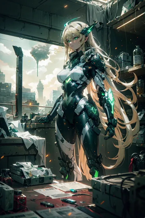 smoke, explosion, post apocalyptic, destroyed city background, buildings on fire, space ship in sky, science fiction, (Thick Body:1.4), (Long Blond Hair:1.4), Green Eyes, HDR (High Dynamic Range), Ray Tracing, NVIDIA RTX, Super-Resolution, Unreal 5, Subsurface Scattering, PBR Texturing, Post-Processing, Anisotropic Filtering, Depth-Of-Field ,Maximum Clarity And Sharpness, Multi-Layered Textures, Albedo And Specular Maps, Surface Shading, Accurate Simulation Of Light-Material Interaction, Octane Render, Two-Tone Lighting, Low ISO, White Balance, Rule Of Thirds, Wide Aperture, 8K RAW, Efficient Sub-Pixel, Sub-Pixel Convolution, (Luminescent Particles:1.4), {{Masterpiece, Best Quality, Extremely Detailed CG, Unity 8k Wallpaper, 3D, Cinematic Lighting, Lens Flare}},  <lora:add_detail:0.2>, <lora:Niji:0.5>,  <lora:A-Mecha-REN[color_theme,mecha musume, mechanical parts, robot joints,headgear,full armor]:1>