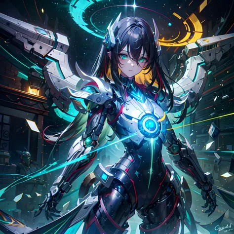 masterpiece,best quality,ultra-detailed,very detailed illustrations,extremely detailed,intricate details,highres,super complex details,extremely detailed 8k cg wallpaper,cowboy shot, caustics,reflection,ray tracing,demontheme,nebula,dark aura,cyber effect, (1girl:1.4),solo,alone,mecha musume,mechanical parts, robot joints,single mechanical arm, headgear, mechanical halo,star halo,intricate mechanical bodysuit, mecha corset, kimono, full armor, very long hair,black hair, hair between eyes, multicolored hair, colored inner hair, green eyes,glowing eye,eye trail, random expressions,random action, ancient japanese architecture,pond, starry sky,skyline,  <lora:A-Mecha-REN[color_theme,mecha musume, mechanical parts, robot joints,headgear,full armor]:1>,  <lyco:GoodHands-beta2:1.0>,  <lora:add_detail:1>,