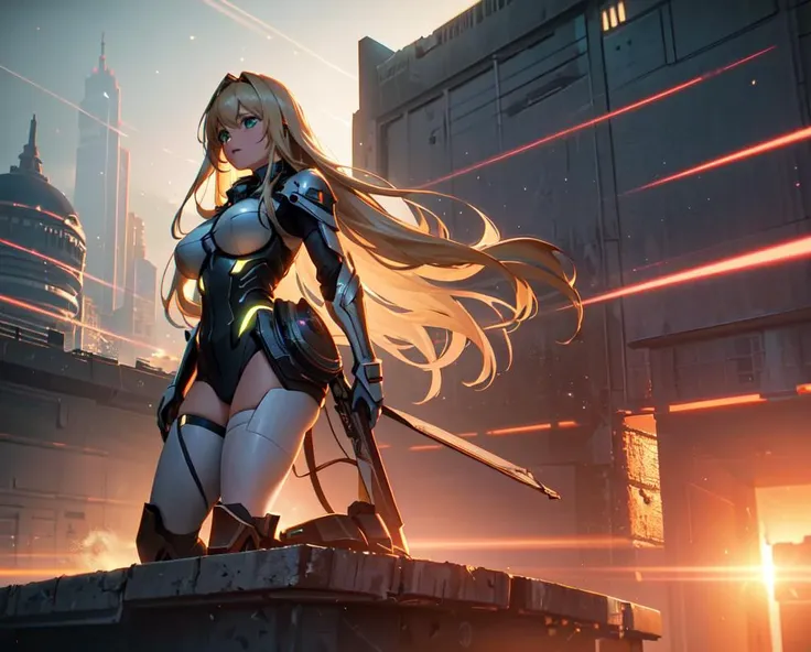 smoke, explosion, post apocalyptic, destroyed city background, buildings on fire, space ship in sky, science fiction, (Thick Body:1.4), (Long Blond Hair:1.4), Green Eyes, HDR (High Dynamic Range), Ray Tracing, NVIDIA RTX, Super-Resolution, Unreal 5, Subsurface Scattering, PBR Texturing, Post-Processing, Anisotropic Filtering, Depth-Of-Field ,Maximum Clarity And Sharpness, Multi-Layered Textures, Albedo And Specular Maps, Surface Shading, Accurate Simulation Of Light-Material Interaction, Octane Render, Two-Tone Lighting, Low ISO, White Balance, Rule Of Thirds, Wide Aperture, 8K RAW, Efficient Sub-Pixel, Sub-Pixel Convolution, (Luminescent Particles:1.4), {{Masterpiece, Best Quality, Extremely Detailed CG, Unity 8k Wallpaper, 3D, Cinematic Lighting, Lens Flare}}, <lora:add_detail:0.2>, <lora:Niji:0.5>, <lora:A-Mecha-REN[color_theme,mecha musume, mechanical parts, robot joints,headgear,full armor]:1>