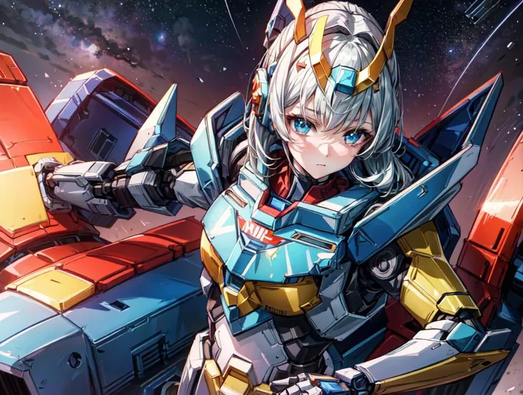 1girl, space, space station, stars, planet, mecha musume, mechanical parts, super robot joints, full armor, headgear, highres, best quality, ((solo)) masterpiece, high quality, 8k, beautiful lighting, 1girl ((solo)),bangs, looking away, masterpiece,best quality, ultra_detailed,highres, head <lora:add_detail:1>   <lora:A-RandomSuper[mecha musume,mechanical parts,super robot joints,headgear,full armor]:1>