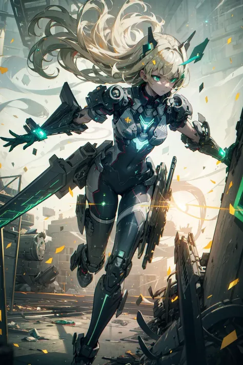 a girl running and shooting a rail gun, smoke, explosion, debris, (battlefield:1.4),  (running:1.4),  (shooting:1.4),  (Rail gun:1.4), (Thick Body:1.4), (Long Blond Hair:1.4), Green Eyes, HDR (High Dynamic Range), Ray Tracing, NVIDIA RTX, Super-Resolution, Unreal 5, Subsurface Scattering, PBR Texturing, Post-Processing, Anisotropic Filtering, Depth-Of-Field ,Maximum Clarity And Sharpness, Multi-Layered Textures, Albedo And Specular Maps, Surface Shading, Accurate Simulation Of Light-Material Interaction, Octane Render, Two-Tone Lighting, Low ISO, White Balance, Rule Of Thirds, Wide Aperture, 8K RAW, Efficient Sub-Pixel, Sub-Pixel Convolution, (Luminescent Particles:1.4), {{Masterpiece, Best Quality, Extremely Detailed CG, Unity 8k Wallpaper, 3D, Cinematic Lighting, Lens Flare}},  <lora:add_detail:0.2>, <lora:Niji:0.5>,  <lora:A-Mecha-REN[color_theme,mecha musume, mechanical parts, robot joints,headgear,full armor]:1>
