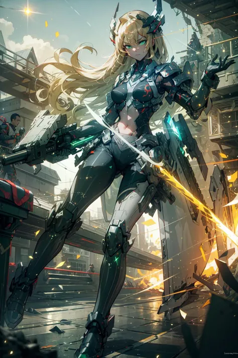 a girl running and shooting a rail gun, smoke, explosion, debris, (battlefield:1.4),  (running:1.4),  (shooting:1.4),  (Rail gun:1.4), (Thick Body:1.4), (Long Blond Hair:1.4), Green Eyes, HDR (High Dynamic Range), Ray Tracing, NVIDIA RTX, Super-Resolution, Unreal 5, Subsurface Scattering, PBR Texturing, Post-Processing, Anisotropic Filtering, Depth-Of-Field ,Maximum Clarity And Sharpness, Multi-Layered Textures, Albedo And Specular Maps, Surface Shading, Accurate Simulation Of Light-Material Interaction, Octane Render, Two-Tone Lighting, Low ISO, White Balance, Rule Of Thirds, Wide Aperture, 8K RAW, Efficient Sub-Pixel, Sub-Pixel Convolution, (Luminescent Particles:1.4), {{Masterpiece, Best Quality, Extremely Detailed CG, Unity 8k Wallpaper, 3D, Cinematic Lighting, Lens Flare}},  <lora:add_detail:0.2>, <lora:Niji:0.5>,  <lora:A-Mecha-REN[color_theme,mecha musume, mechanical parts, robot joints,headgear,full armor]:1>