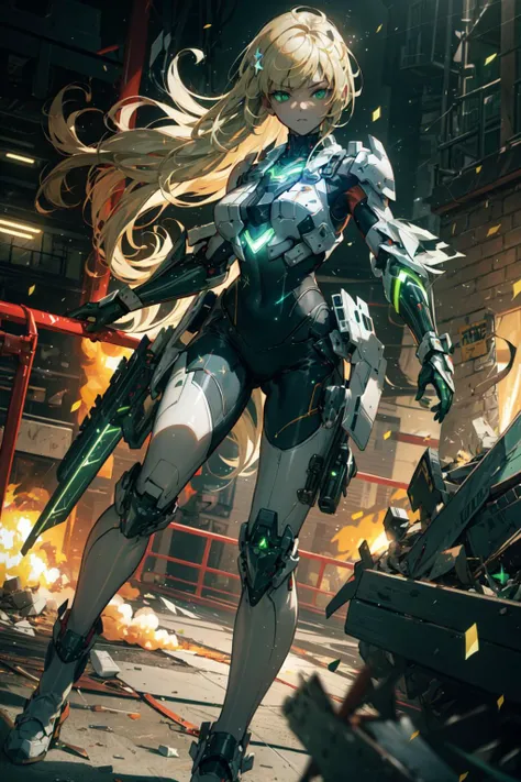 a girl running and shooting a rail gun, smoke, explosion, debris, (battlefield:1.4),  (running:1.4),  (shooting:1.4),  (Rail gun:1.4), (Thick Body:1.4), (Long Blond Hair:1.4), Green Eyes, HDR (High Dynamic Range), Ray Tracing, NVIDIA RTX, Super-Resolution, Unreal 5, Subsurface Scattering, PBR Texturing, Post-Processing, Anisotropic Filtering, Depth-Of-Field ,Maximum Clarity And Sharpness, Multi-Layered Textures, Albedo And Specular Maps, Surface Shading, Accurate Simulation Of Light-Material Interaction, Octane Render, Two-Tone Lighting, Low ISO, White Balance, Rule Of Thirds, Wide Aperture, 8K RAW, Efficient Sub-Pixel, Sub-Pixel Convolution, (Luminescent Particles:1.4), {{Masterpiece, Best Quality, Extremely Detailed CG, Unity 8k Wallpaper, 3D, Cinematic Lighting, Lens Flare}},  <lora:add_detail:0.2>, <lora:Niji:0.5>,  <lora:A-Mecha-REN[color_theme,mecha musume, mechanical parts, robot joints,headgear,full armor]:1>