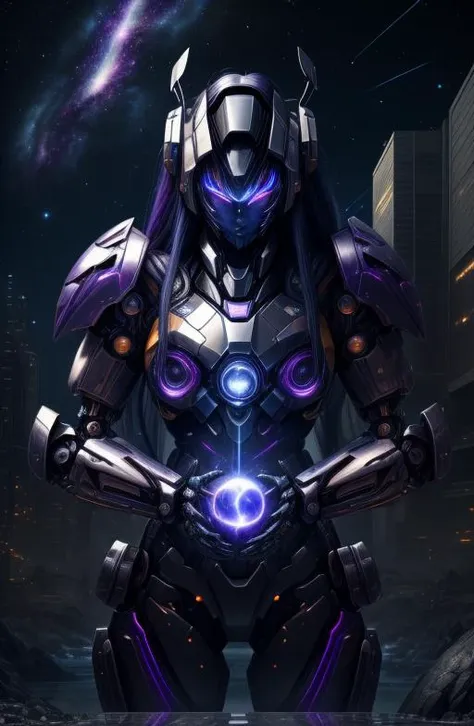 asterpiece,best quality,ultra-detailed,very detailed illustrations,extremely detailed,intricate details,highres,super complex details,extremely detailed 8k cg wallpaper,cowboy shot, caustics,reflection,ray tracing,demontheme,nebula,dark aura,cyber effect, 1girl,solo,alone,mecha musume,mechanical parts, robot joints,single mechanical arm, headgear, kimono, full armor, very long hair, multicolored hair, colored inner hair, glowing eye, random expressions,random action, pond, starry sky, skyline, galaxy star, <lora:add_detail:1> <lora:kVoidEnergy-000001:0.5> <lora:mecha_offset:1>