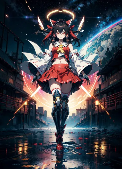 <lora:AMechaSSS[color_theme,mecha musume, mechanical parts,robot joints,headgear]>,masterpiece,best quality,ultra-detailed,very detailed illustrations,extremely detailed,intricate details,highres,super complex details,extremely detailed 8k cg wallpaper,(hakurei reimu:1.3),red skirt,navel,caustics,reflection,ray tracing,nebula,dark aura,cyber effect,(1girl:1.4),solo,alone,mecha musume,mechanical parts,headgear,mechanical halo,star halo,(intricate mechanical bodysuit:0.8),mecha corset,bow,detached sleeves,(gohei:1.3),hair between eyes,multicolored hair,colored inner hair,red eyes,glowing eye,eye trail,random expressions,random action,ancient japanese architecture,pond,starry sky,skyline,
full body,cyberpunk,