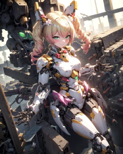masterpiece,best quality,ultra-detailed, <lora:AMechaSSS[color_theme,mecha musume, mechanical parts,robot joints,headgear]:0.9>,
1girl,solo, mecha musume, mechanical parts,robot joints,smile,  <lora:nene:1>