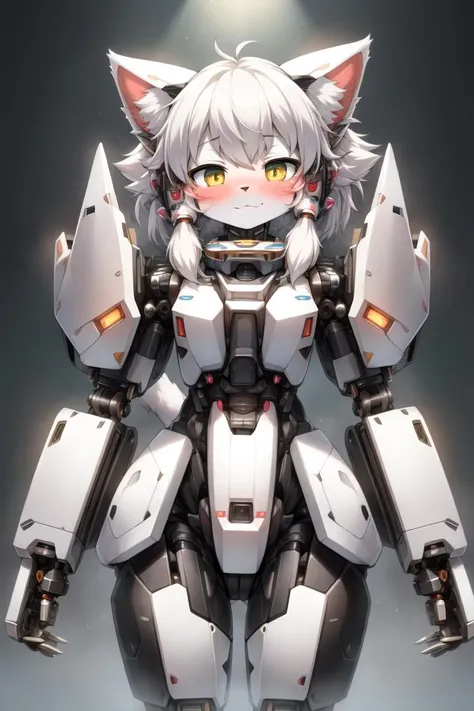 furry, white fur, ultra cute face, ultra detailed fur, volumetric light,   masterpiece,best quality,ultra-detailed, <lora:AMechaSSS[color_theme,mecha musume, mechanical parts,robot joints,headgear]:0.8>, 1girl,solo, grey theme, mecha musume, mechanical parts,robot joints, blush,standing,cowboy shot, cat ears <lora:reimu:0.8>