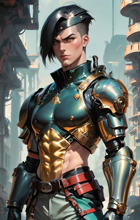 (anime digital painting), a portrait of a soldier with a steampunk prosthetic arm, grunge, victorian, industrial, highly detailed, Synthwave aesthetics, soft-hued colors, stunning background. dark and moody, a mesmerizing blend of light and shadow. masterpiece, absurdres, intricate details <lora:envyStarlight_v10:0.9>