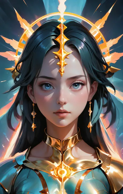 (anime digital painting), symmetrical, centered, medium head-on portrait of a person as a divinity sorcerer goddess, matte painting concept art, pastel colours, official fanart, behance, hd, artstation, Antique Grunge aesthetics, holographic colors, stunning background. bathed in sunlight, a mesmerizing blend of light and shadow. masterpiece, absurdres, intricate details <lora:envyStarlight_v10:0.9>