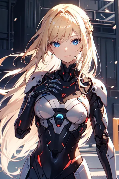 <lora:Robotaction:0.6> robot, roblit,, ultra detailed, masterpiece, best quality, aesthetic, detailed,, solo, soft smile, light smile,
1girl, blue eyes, very long hair, blonde hair, long blonde hair, french braid, bangs, medium breasts,