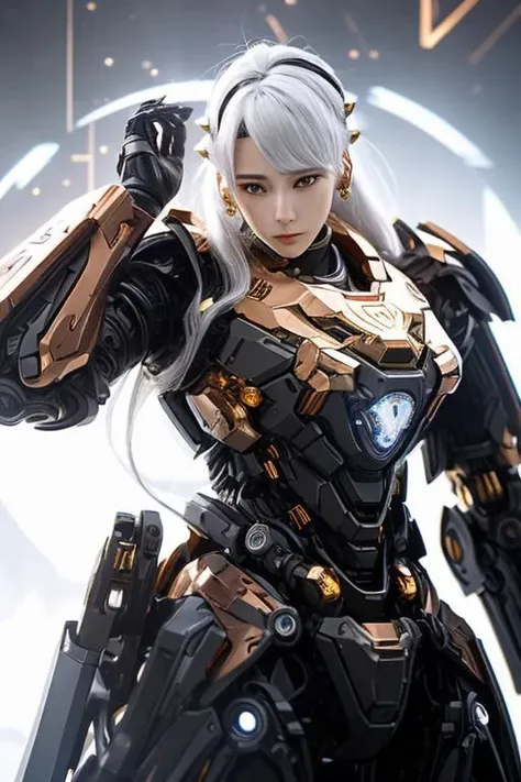 anime game, copper, mech, armor, gold, red glass, black yellow crystal, sliver glass, close up, 1girl, mech, armor, copper, beautiful face, niji, white long hair, red dress, glass gold, copper, circuit  board mech, copper mech, earrings of spiral, copper, Mandelbrot deluxe palace paradise, close up, glow radiance pacific rim mech, golden-sliver-mirror-dispersion, red dress, long dress, eclipse armor,  sliver shiny ground, transcend sliver wall, mirror and glass, mech armor of time, palace, beautiful face, white face, white hair, red earrings, ultron copper mech,