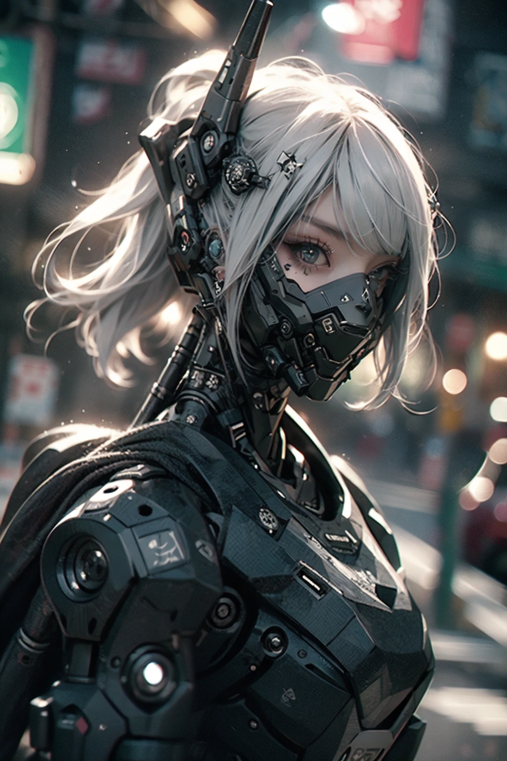 goth_punk, roblit, 1girl, robot, solo, medium shot, walking in Harajuku, ((night time:1.2)), bokeh, neon light, (colourful background:1.2), iridescent eyes, starry sky, white shimmer hair, white eyebrow, glowing hair, (iridescent white hair), earrings, bangs, jewellery, mask, blunt bangs, green eyes, mouth mask, blurry background, blurry, hair ornament, looking at the viewer, short hair, portrait, sidelocks, (with a robotic dragon pet wrapped around the body:1.2), <lora:Gothpunk:1>, <lora:add_detail:0.2>, <lora:robotbattle:0.8>