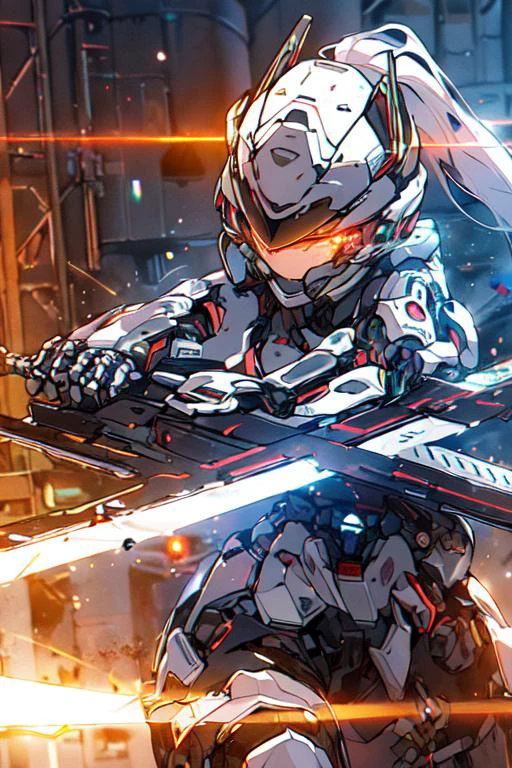 (best quality:1.2) (4k:1.) (very high resolution:1.1) , (realistic photograph:1.1) , (ultra detailed CG:1.1) ,
<lyco:Robotaction:1> robot , 1girl , solo , (small breasts:1) , (silver ponytail:1) , glowing eyes , mechanical ears , headgear , sun visor , white armor ,
holding weapon , beam , mechanical wings , heat haze , shooting position , running towards viewer , spark , soot ,
expressionless , cinematic lighting , science fiction