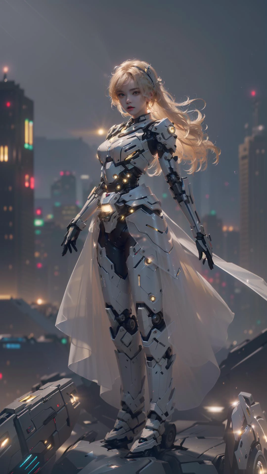 (masterpiece, top quality, best quality, official art, beautiful and aesthetic:1.2),highres, photorealistic,daytime,(1mechanical_girl:1.2), <lora:Ma-Mian_skirt:0> , <lora:Mecha:0.55>,(frontlight:1.8), (dramatic_lighting:1.5),(bright_light:2.0),(utopia_city:1.5),outdoors, full body,complicated_fiber, <lora:tangbohu_blurbg_v2:2>