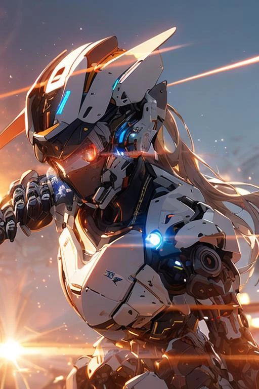 (best quality:1.2) (4k:1.) (very high resolution:1.1) , (realistic photograph:1.1) , (ultra detailed CG:1.1) ,
<lyco:Robotaction:1> robot , 1girl , solo , (small breasts:1) , (silver ponytail:1) , glowing eyes , mechanical ears , headgear , sun visor , white armor ,
holding weapon , beam , mechanical wings , heat haze , shooting position , running towards viewer , spark , soot ,
expressionless , cinematic lighting , science fiction