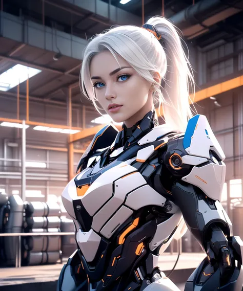 woman in her 20s, Korean, (perfect face), defined jawline, beautiful lips, (beautiful bright blue eyes), (white hair, ponytail), (perfect anatomy), (athletic body), (sexy), (perfect hands), (intricate geometric robotic white body armor, orange and gunmetal accents), (looking at viewer), (medium shot photograph), (futuristic industrial factory background), <lyco:Robotaction:0.8>, photorealistic