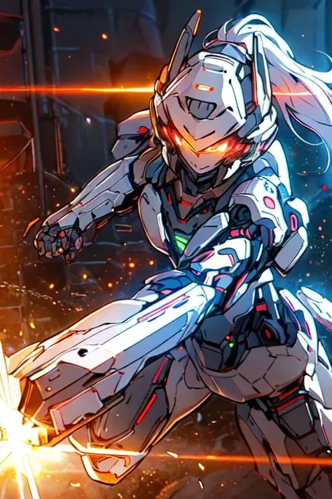 (best quality:1.2) (4k:1.) (very high resolution:1.1) , (realistic photograph:1.1) , (ultra detailed CG:1.1) ,
<lyco:Robotaction:1> robot , 1girl , solo , (small breasts:1) , (silver ponytail:1) , glowing eyes , mechanical ears , headgear , sun visor , white armor ,
holding weapon , beam , mechanical wings , heat haze , shooting position , running towards viewer , spark , soot ,
expressionless , cinematic lighting , science fiction