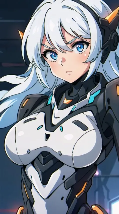 upper body, portrait, robot, white orange armor, white shimmering hair, neon light, colorful, (medium wide shot), (dynamic perspective), sharp focus, depth of field, extremely detailed eyes and face, beautiful detailed eyes, large breasts, (black gold, trimmed gear:1.2),(In a futuristic weapons factory:1.2) <lyco:Robotaction:0.8>