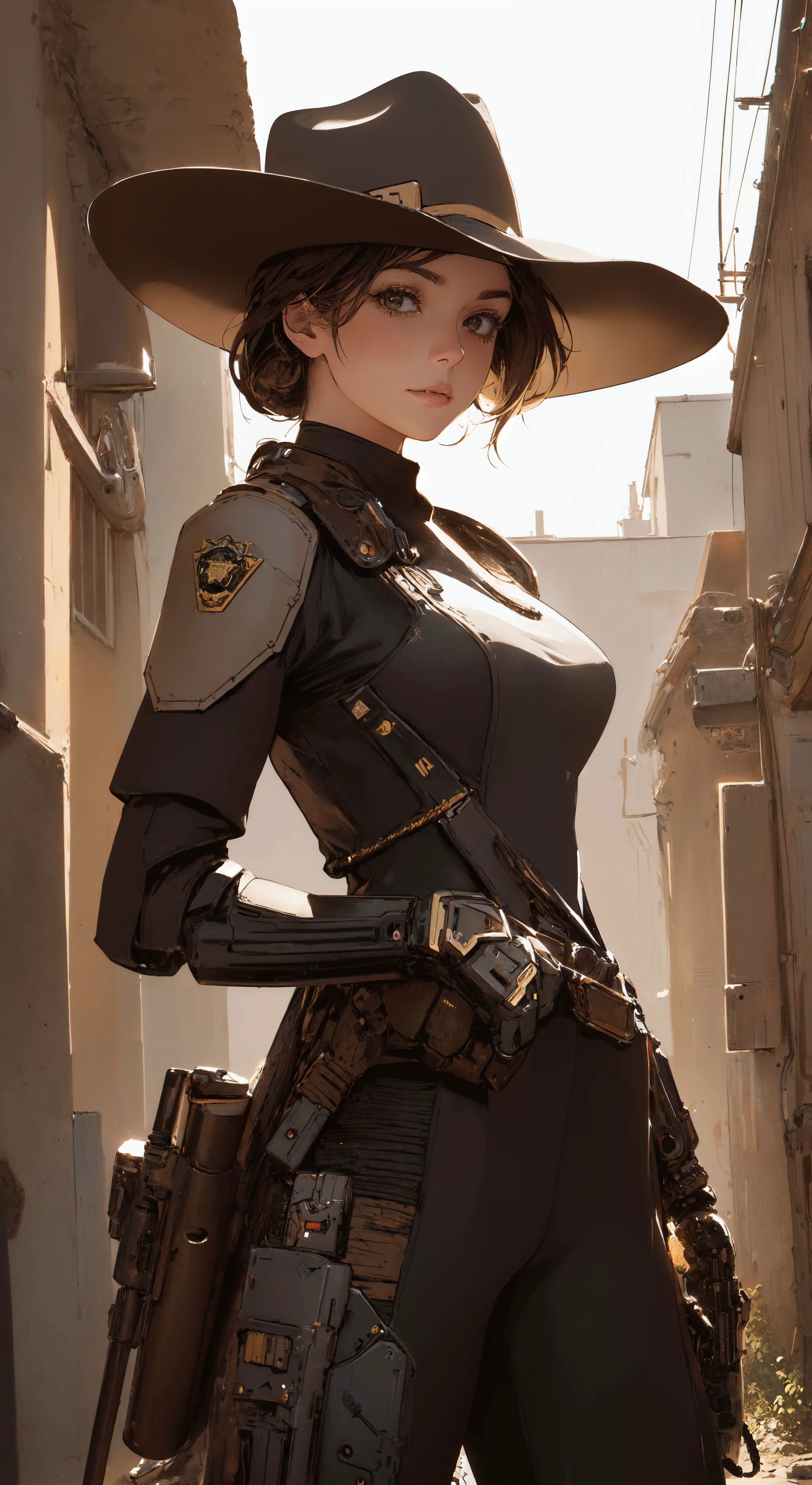 (1girl:1.3), l, (Sheriff's Attire:1.2), Brown bodysuit, peel armor, batch, hat, hand gun, (best quality:1.4), (masterpiece:1.21), (realistic:1.21), (corpse of a scoundrel:1.2), (detailed:1.10), (photorealistic:1), <lora:Robotaction:.5>, masterpiece, best quality, (ultra-detailed:1.2), backlighting, robot hose, western, bar, old countryside,robot