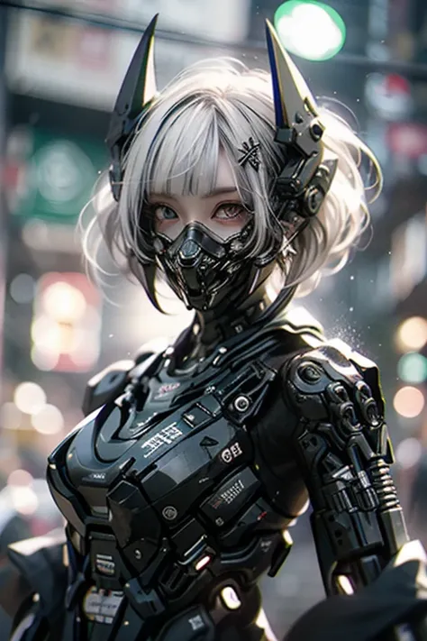 gothpunk, robot, 1girl, solo, walking in Harajuku, (bokeh, neon light:1.2), white eyebrows, glowing hair, (iridescent white hair), earrings, bangs, jewellery, mask, blunt bangs, (iridescent eyes, glowing eyes, green eyes, mouth mask), blurry background, blurry, hair ornament, (looking at the viewer), short hair, portrait, sidelocks, <lora:Gothpunk:1>, <lora:robotbattle:1>, <lora:add_detail:0.4>
