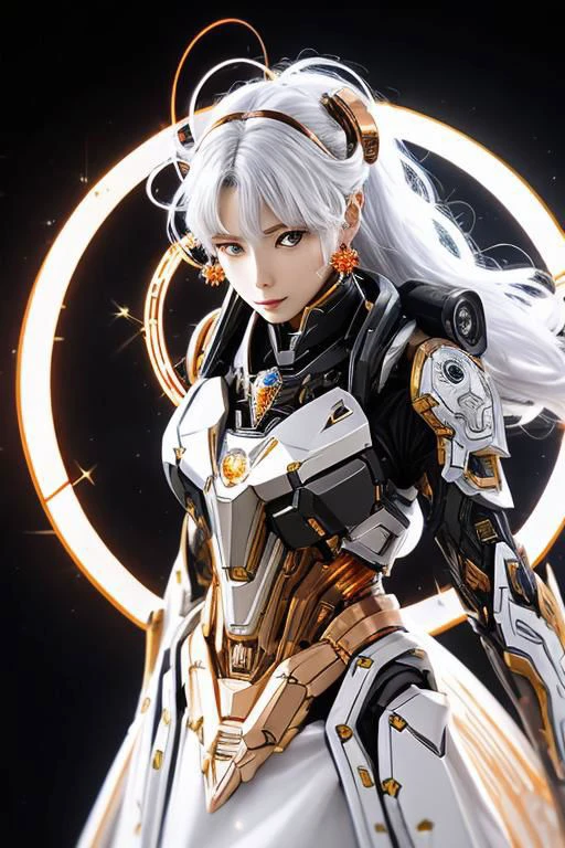 anime game, copper, mech, armor, gold, red glass, black yellow crystal, sliver glass, close up, 1girl, mech, armor, copper, beautiful face, niji, white long hair, red dress, glass gold, copper, circuit board mech, copper mech, earrings of spiral, copper, Mandelbrot deluxe palace paradise, close up, glow radiance pacific rim mech, golden-sliver-mirror-dispersion, red dress, long dress, eclipse armor, sliver shiny ground, transcend sliver wall, mirror and glass, mech armor of time, palace, beautiful face, white face, white hair, red earrings, ultron copper mech,
