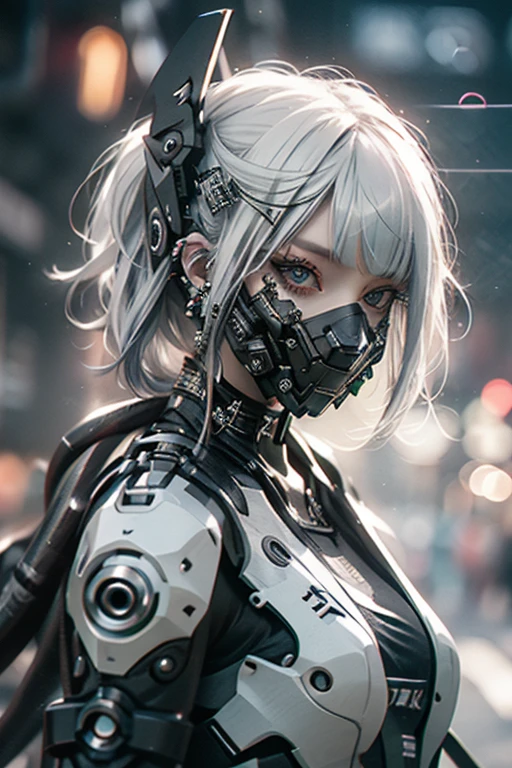 goth_punk, roblit, 1girl, robot, solo, walking in Harajuku, (night time:1.2), bokeh, neon light, (colourful background:1.2), iridescent eyes, starry sky, white shimmer hair, white eyebrows, glowing hair, (iridescent white hair), earrings, bangs, jewellery, mask, blunt bangs, green eyes, mouth mask, blurry background, blurry, hair ornament, looking at the viewer, short hair, (full shot, wide angle),portrait, sidelocks, <lora:Gothpunk:0.8>, <lora:robotbattle:0.8>, <lora:add_detail:0.2>