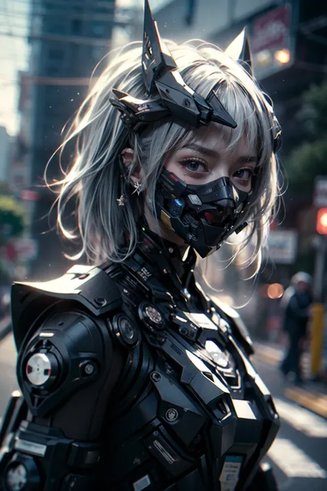 [gothpunk|robot], roblit, 1girl, solo, walking in Harajuku, white eyebrows, glowing hair, (iridescent white hair), earrings, bangs, jewellery, mask, blunt bangs, (iridescent eyes, glowing eyes, green eyes, mouth mask), hair ornament, looking at the viewer, short hair, portrait, sidelocks, <lora:Gothpunk:1>, <lora:Mecharobot:0.8> detailed background, in street
BREAK
outdoors, twilight, raytracing <lora:add_detail:1>