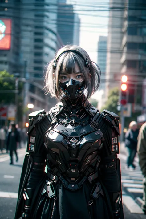 [gothpunk|robot], roblit, 1girl, solo, walking in Harajuku, white eyebrows, glowing hair, (iridescent white hair), earrings, bangs, jewellery, mask, blunt bangs, (iridescent eyes, glowing eyes, green eyes, mouth mask), hair ornament, looking at the viewer, short hair, portrait, sidelocks, <lora:Gothpunk:1>, <lora:Mecharobot:0.8> detailed background, in street
BREAK
outdoors, twilight, raytracing <lora:add_detail:1>