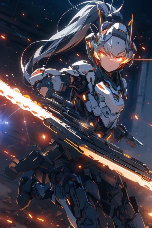 (best quality:1.2) (4k:1.) (very high resolution:1.1) , (realistic photograph:1.1) , (ultra detailed CG:1.1) ,
<lyco:Robotaction:1> robot , 1girl , solo , (small breasts:1) , (silver ponytail:1) , glowing eyes , mechanical ears , headgear , sun visor , white armor ,
holding weapon , beam , mechanical wings , heat haze , shooting position , running towards viewer , spark , soot ,
expressionless , cinematic lighting , science fiction