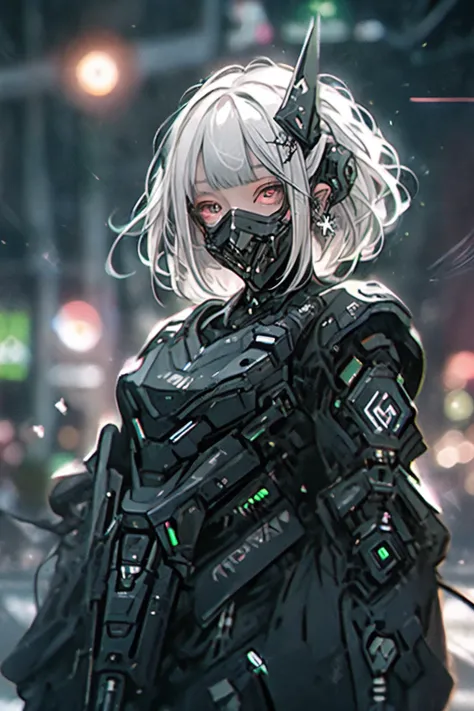 gothpunk, robot, 1girl, solo, walking in Harajuku, (bokeh, neon light:1.2), white eyebrows, glowing hair, (iridescent white hair), earrings, bangs, jewellery, mask, blunt bangs, (iridescent eyes, glowing eyes, green eyes, mouth mask), blurry background, blurry, hair ornament, (looking at the viewer), short hair, portrait, sidelocks, <lora:Gothpunk:1>, <lora:robotbattle:1>, <lora:add_detail:0.4>