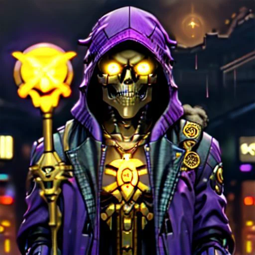 1_man, skeletor, robot_chest, bare_chest, blue_chest, skull, golden_skull, yellow_face, golden_face, yellow_skull, no_hair, bald, wearing_hood, no_skin, robot_skull, black_lenses, staff, holding_cyberpunk_staff, holding_ram s-skull_staff, holding_sheep s-skull_staff, holding_mechanical_staff, holding_glowing_staff, crossbones_necklace, x_shaped_necklace, purple_trenchcoat, purple_hood, hood_up, rainy_city, city_background, coat_flapping_in_wind, cyberpunk_aesthetic, neon_lights, highly_detailed_background, dynamic_posing, masterpiece, incredibly_detailed