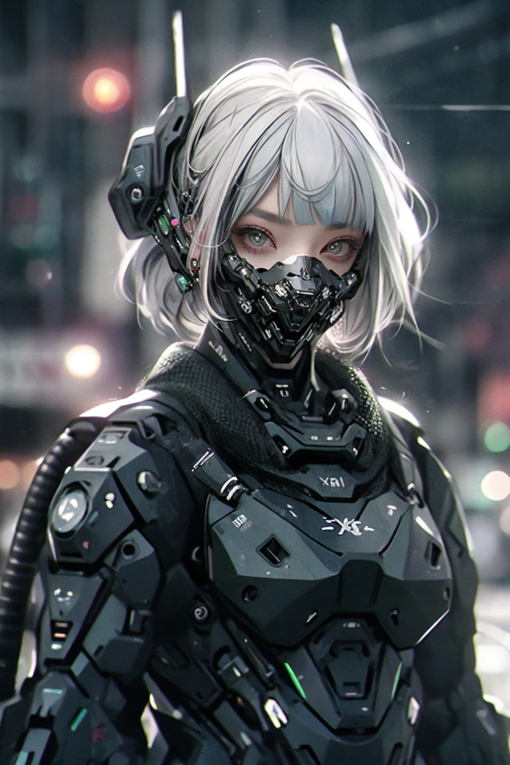 gothpunk, robot, 1girl, solo, walking in Harajuku, (bokeh, neon light:1.2), white eyebrows, glowing hair, (iridescent white hair), earrings, bangs, jewellery, mask, blunt bangs, (iridescent eyes, glowing eyes, green eyes, mouth mask), blurry background, blurry, hair ornament, (looking at the viewer), short hair, portrait, sidelocks, <lora:Gothpunk:1>, <lora:robotbattle:1>, <lora:add_detail:0.4>
