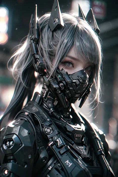 gothpunk, robot, 1girl, solo, walking in Harajuku, (bokeh, neon light:1.2), white eyebrows, glowing hair, (iridescent white hair), earrings, bangs, jewellery, mask, blunt bangs, (iridescent eyes, glowing eyes, green eyes, mouth mask), blurry background, blurry, hair ornament, (looking at the viewer), short hair, portrait, sidelocks, <lora:Gothpunk:1>, <lora:Mecharobot:1>, <lora:add_detail:0.4>