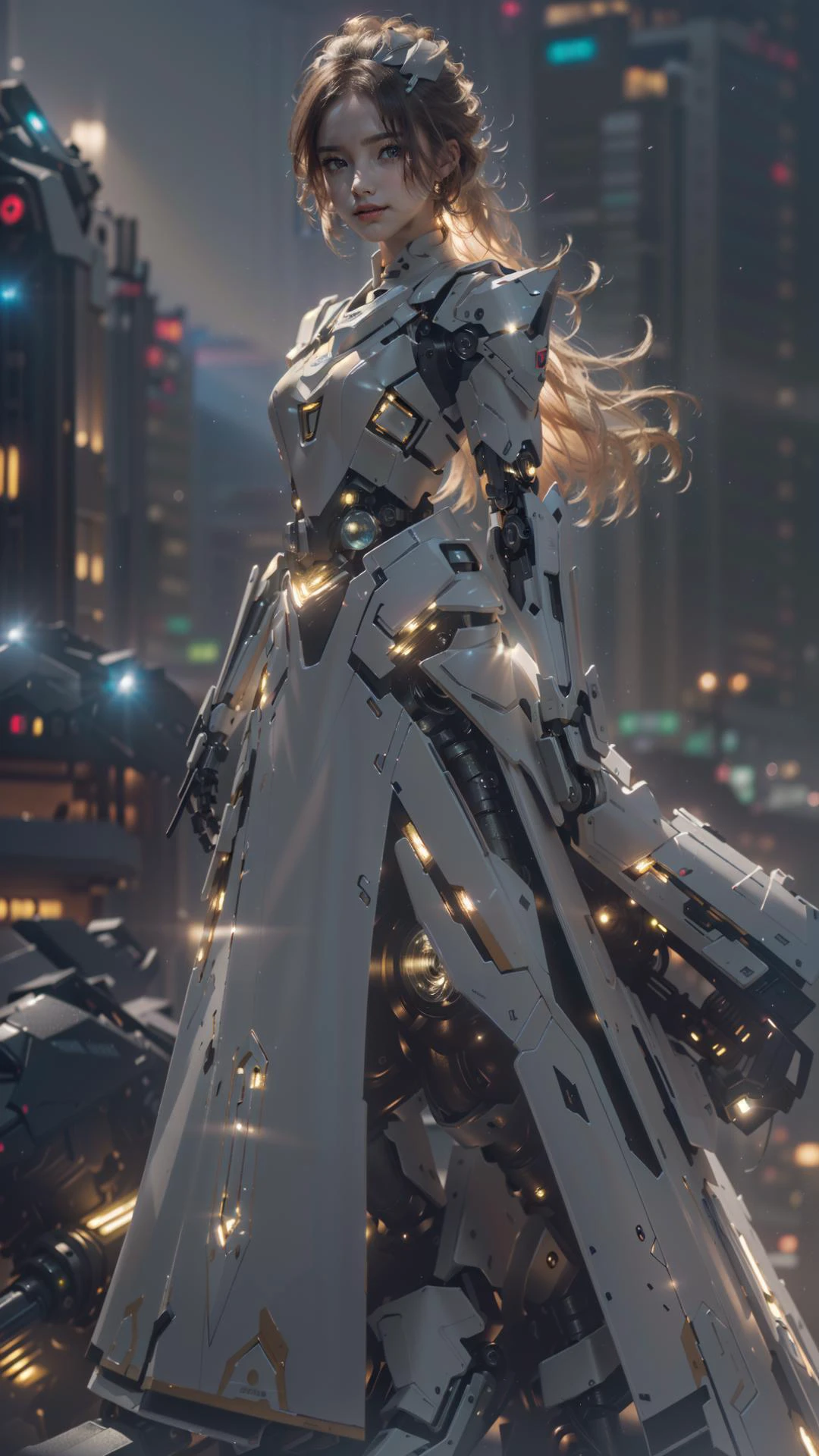 (masterpiece, top quality, best quality, official art, beautiful and aesthetic:1.2),highres, photorealistic,daytime,(1mechanical_girl:1.2), <lora:Ma-Mian_skirt:0.3> , <lora:Mecha:0.65>,(frontlight:1.8), (dramatic_lighting:1.5),(bright_light:2.0),(utopia_city:1.5),outdoors, full body,complicated_fiber, <lora:tangbohu_blurbg_v2:2>