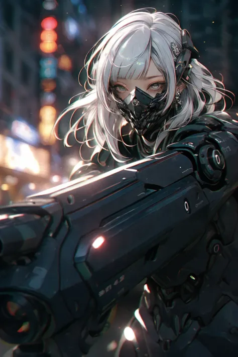 gothpunk, robot, 1girl, solo, walking in Harajuku, (bokeh, neon light:1.2), white eyebrows, glowing hair, (iridescent white hair), earrings, bangs, jewellery, mask, blunt bangs, (iridescent eyes, glowing eyes, green eyes, mouth mask), blurry background, blurry, hair ornament, (looking at the viewer), short hair, portrait, sidelocks, <lora:Gothpunk:1>, <lora:robotbattle:1>, <lora:add_detail:0.4>