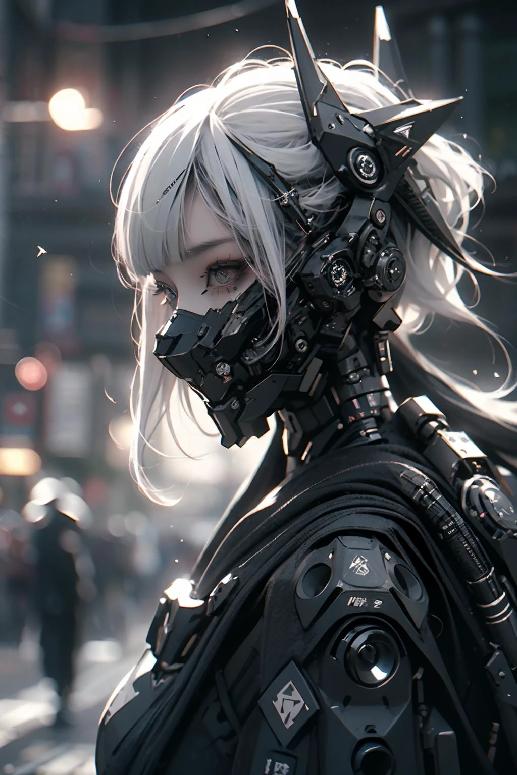 goth_punk, roblit, 1girl, robot, solo, medium shot, walking in Harajuku, ((night time:1.2)), bokeh, neon light, (colourful background:1.2), iridescent eyes, starry sky, white shimmer hair, white eyebrow, glowing hair, (iridescent white hair), earrings, bangs, jewellery, mask, blunt bangs, green eyes, mouth mask, blurry background, blurry, hair ornament, looking at the viewer, short hair, portrait, sidelocks, (with a robotic dragon pet wrapped around the body:1.2), <lora:Gothpunk:1>, <lora:add_detail:0.2>, <lora:robotbattle:0.8>