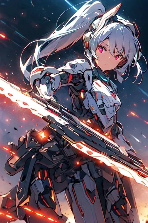 (best quality:1.2) (4k:1.) (very high resolution:1.1) , (realistic photograph:1.1) , (ultra detailed CG:1.1) ,
<lyco:Robotaction:1> robot , 1girl , solo , (small breasts:1) , (silver ponytail:1) , glowing eyes , mechanical ears , headgear , sun visor , white armor ,
holding weapon , beam , mechanical wings , heat haze , shooting position , running towards viewer , spark , soot ,
expressionless , cinematic lighting , science fiction