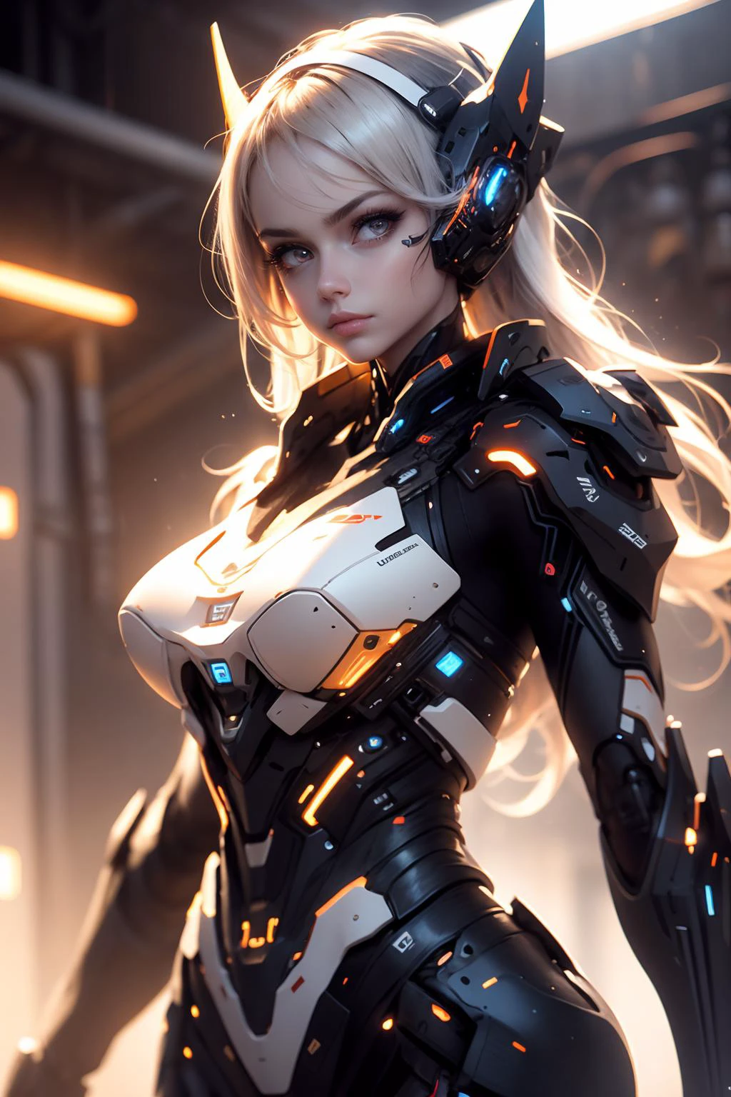 upper body, portrait, robot, white orange armor, white shimmering hair, neon light, 8K, RAW, best quality, masterpiece, ultra high res, colorful, (medium wide shot), (dynamic perspective), sharp focus, depth of field, extremely detailed eyes and face, beautiful detailed eyes, large breasts, (black gold, trimmed gear:1.2), (In a futuristic weapons factory:1.2), <lora:add_detail:0.2>, <lora:Mecharobot:0.8>